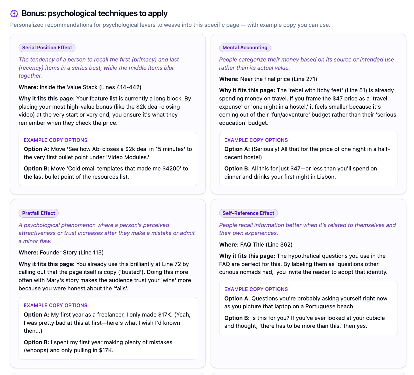 Bonus psychological techniques with ready-to-paste example copy
